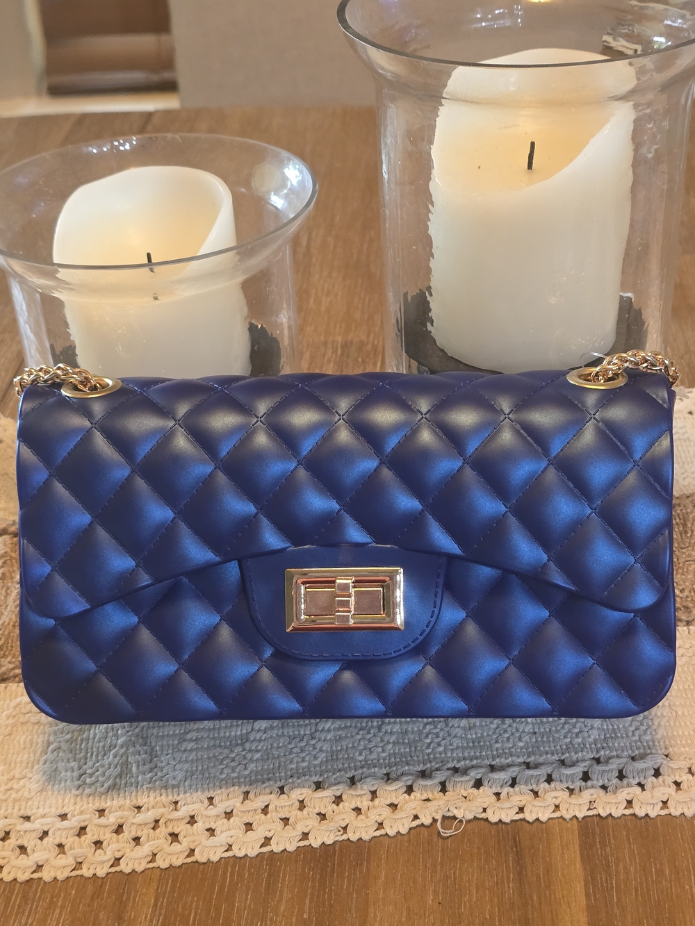 Quilted Satin PVC Jelly Chain Shoulder Bag in Deep Royal Blue